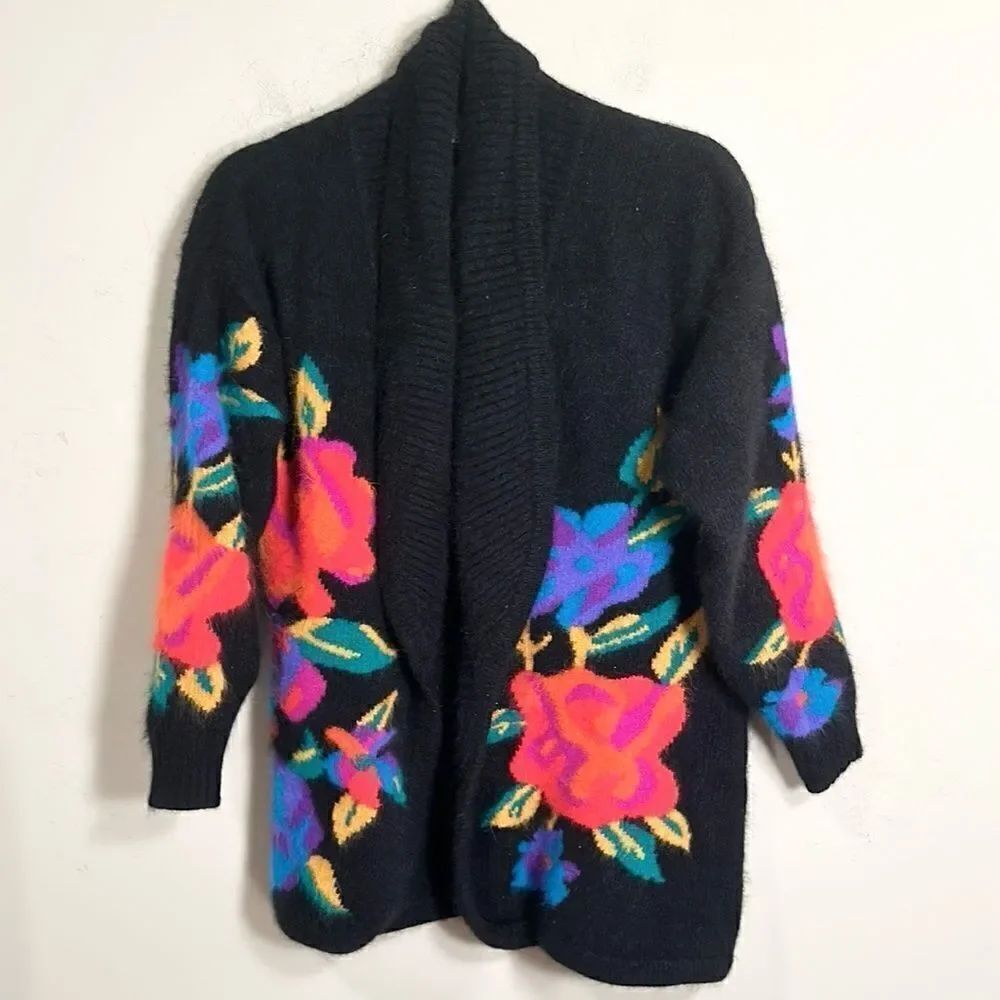 Vintage 80's - RAFAELA Angora and Lambswool Black Cardigan M